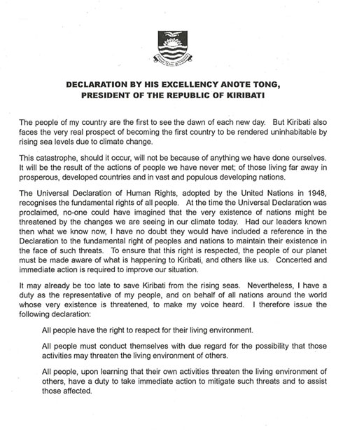 DECLARATION BY HIS EXCELLENCY ANOTE TONG, PRESIDENT OF THE REPUBLIC OF KIRIBATI